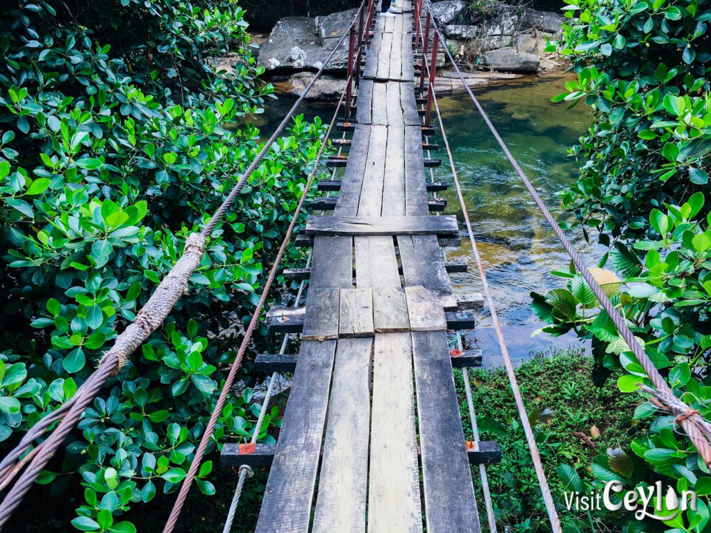 The iconic wire bridge near Galboda Falls, offering a thrilling perspective of the waterfall and its surroundings.